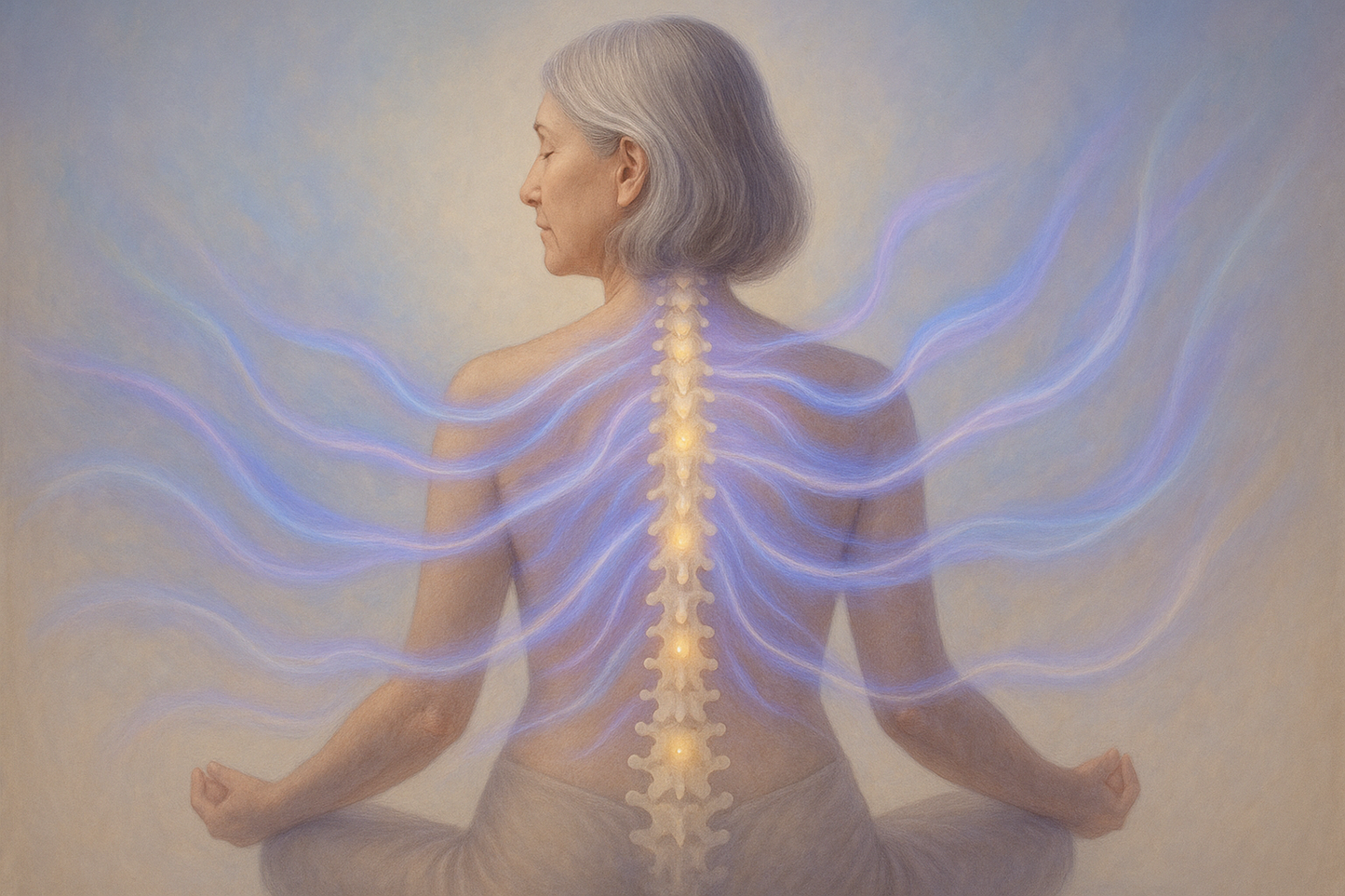 Person meditating with energy lines highlighting the spine on a plain background