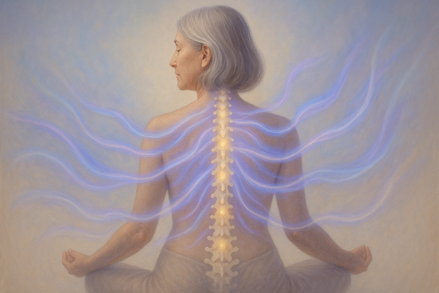 Person meditating with energy lines highlighting the spine on a plain background